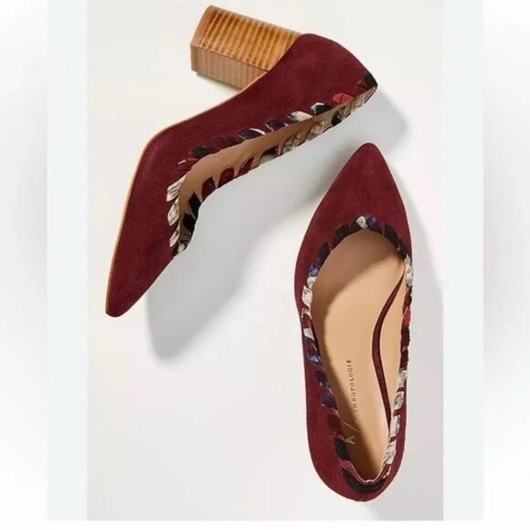 Anthropologie Pointed Toe Pumps 8M Whipstitch Braided Wood Block Heel Suede Wine - Picture 1 of 14